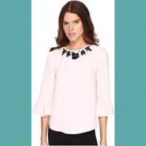 Kate Spade Blush Embellished Blouse with Black Sequin Detail on Collar, Size L
